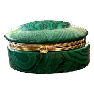 Late 20th Century Hand Painted Malachite Style Porcelain Trinket Box With Gilded Brass Trim For Sale