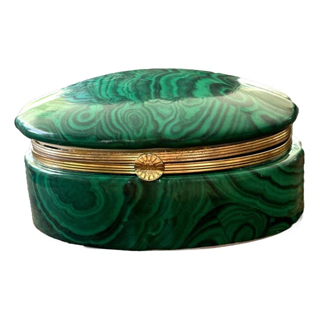 Late 20th Century Hand Painted Malachite Style Porcelain Trinket Box With Gilded Brass Trim For Sale