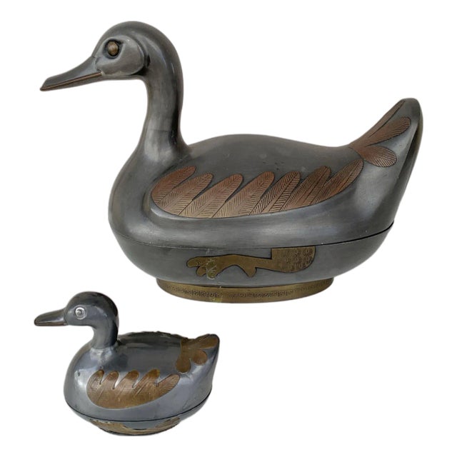 Vintage Pewter & Brass Duck Trinket Boxes -2 For Sale