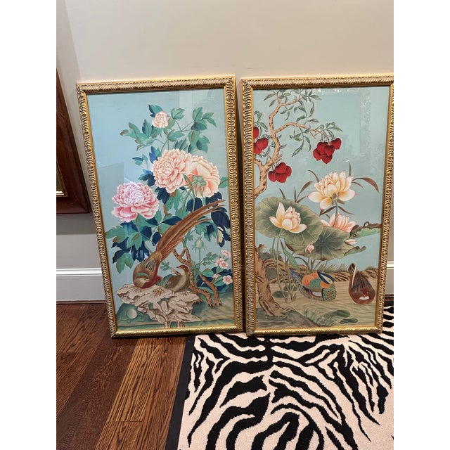 Exquisite and timeless, these oil on silk paintings by Chelsea House beautifully portray graceful birds perched among...