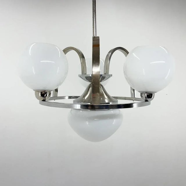 Glass Art Deco Chrome & Milk Glass Chandelier, 1930s For Sale - Image 7 of 11