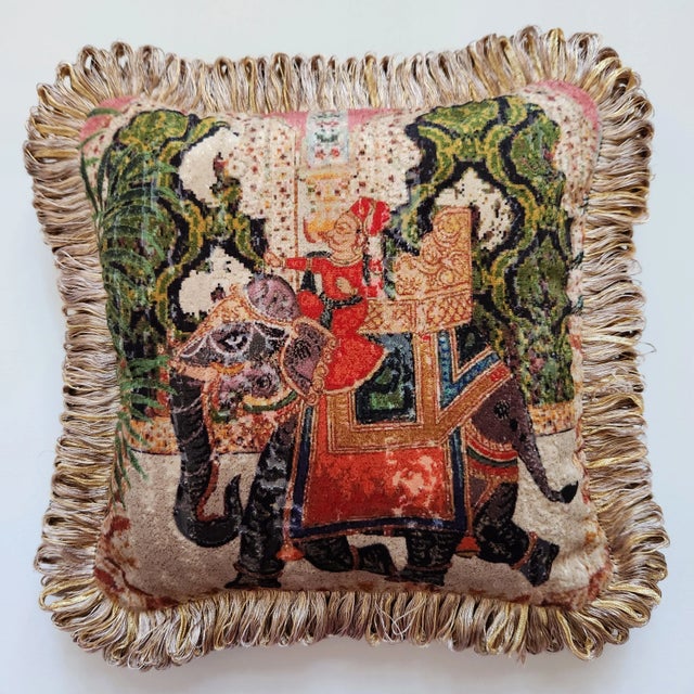 Indian Indian Chinoiserie Velvet Pillow With Fringe - the Sultan Ride in Tan With Red Backing For Sale - Image 3 of 6