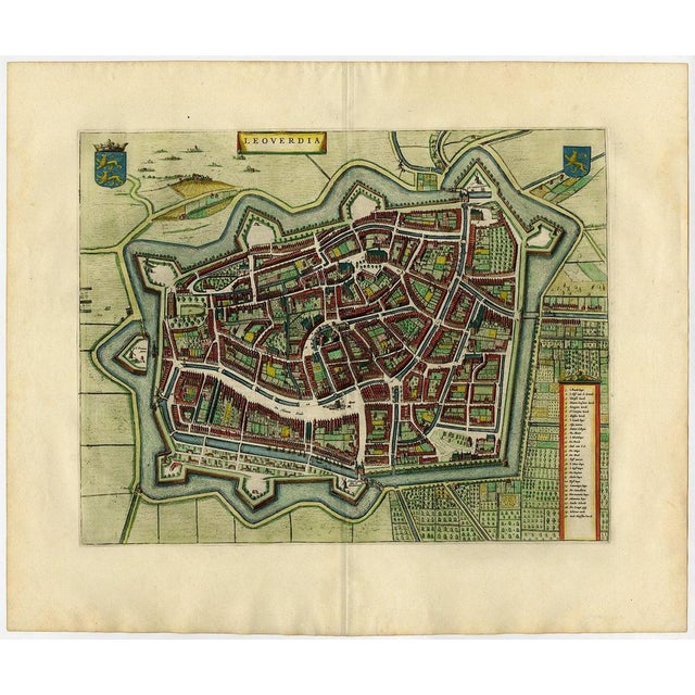 Antique print, titled: 'Leoverdia.' This map shows Leoverdia (Leeuwarden). Bird's-eye view plan of Leeuwarden in The...