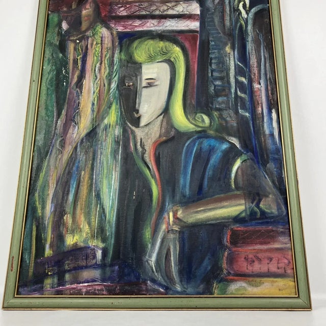 Textile 1950s Abstract Expressionist Painting Oil on Board Portrait For Sale - Image 7 of 8