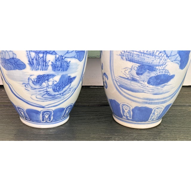 1970s Vintage Blue & White 12" Porcelain Vases - A Pair For Sale - Image 5 of 11