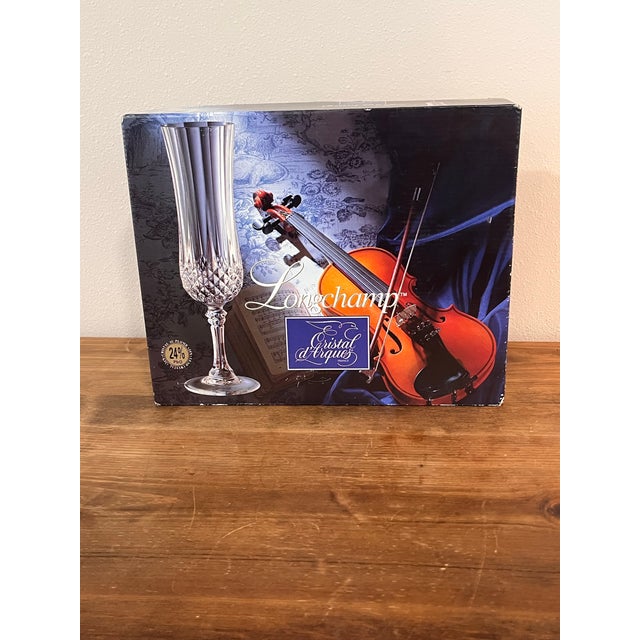 Late 20th Century Cristal D’Arques Longchamp French Lead Crystal Champagne Flutes – Set of 4 With Box For Sale - Image 11 of 11