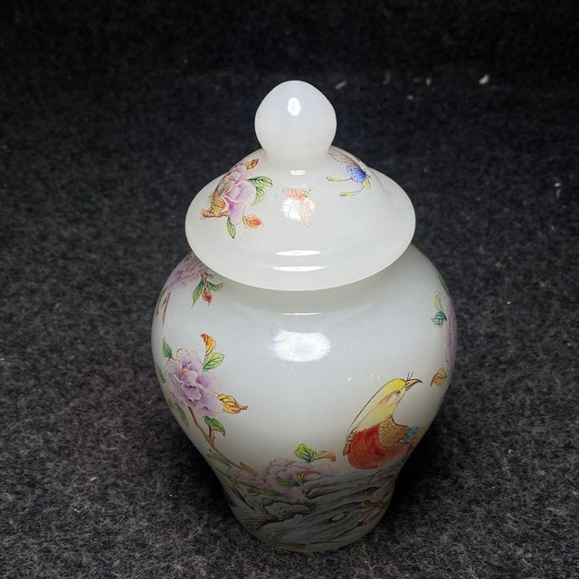 Chinese Small Chinese Hand-Painted Peking Glass Jar With Lid - Pheasant & Peony Motif For Sale - Image 3 of 9