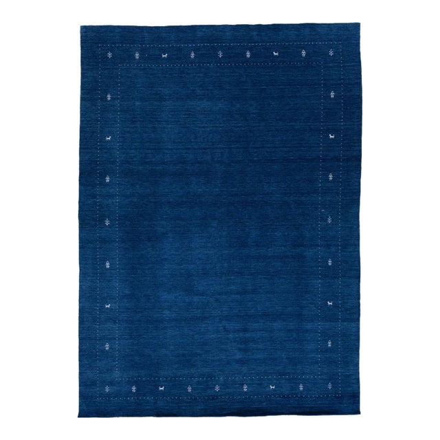 Modern Hand-Loomed Minimalist Gabbeh Wool Rug in Blue For Sale
