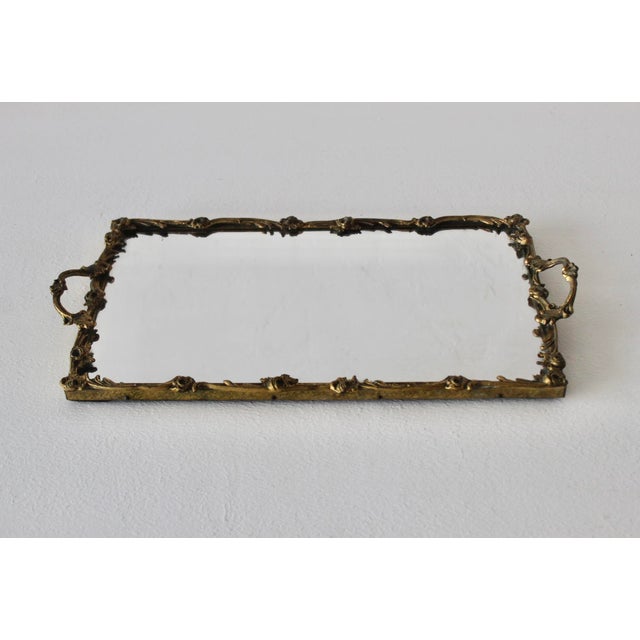 Metal Vintage Mid-Century Rectangle German Style Floral Design Brass Frame Mirror Vanity Tray For Sale - Image 7 of 15