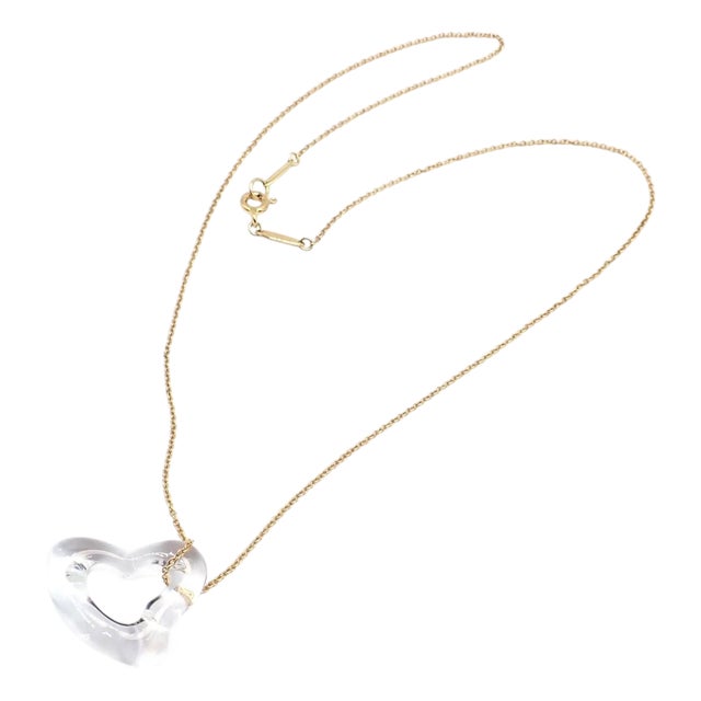 Mid 20th Century Tiffany & Co. Peretti Yellow Gold Large Open Heart Rock Crystal Necklace For Sale