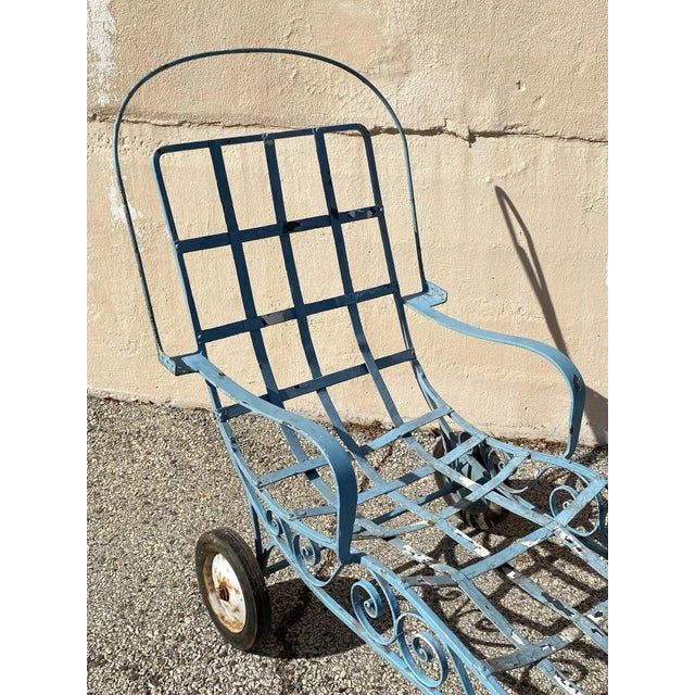 Vintage Salterini Style Art Nouveau Scrolling Wrought Iron Garden Patio Blue Chaise Lounge Chair. Item features a unique...