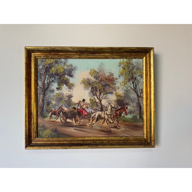 Impressionist 1970s Vintage Country Impressionist Horse & Carriage Oil on Canvas Painting – Frame For Sale - Image 3 of 11
