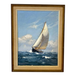 Late 20th Century Seascape Oil Painting "Sailboat on the Sea" by Charles Vickery, Framed For Sale