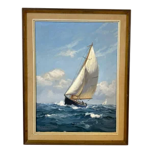 Late 20th Century Seascape Oil Painting "Sailboat on the Sea" by Charles Vickery, Framed