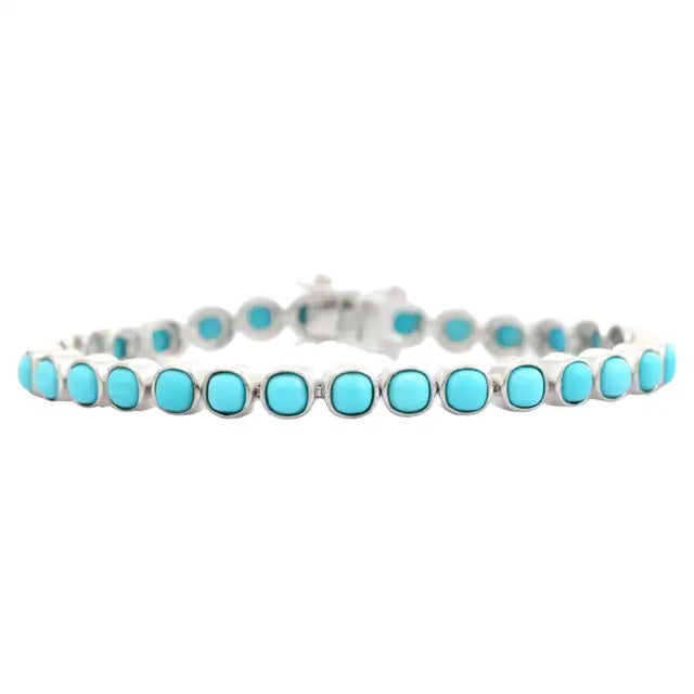 Not Yet Made - Made To Order 925 Silver Cushion Cut Turquoise Bezel Set Tennis Bracelet- Birthday Gifts for Him For Sale - Image 5 of 8