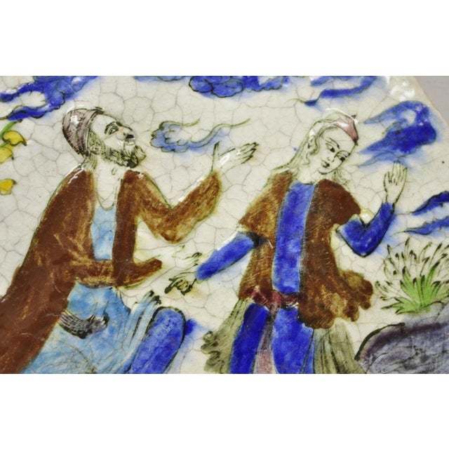 Antique Persian Iznik Qajar Style Ceramic Pottery Tile Hexagonal Blue Couple C5 For Sale - Image 4 of 11