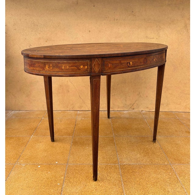 Wood Oval Marquetry Side Table with Drawer, Early 20th Century For Sale - Image 7 of 10
