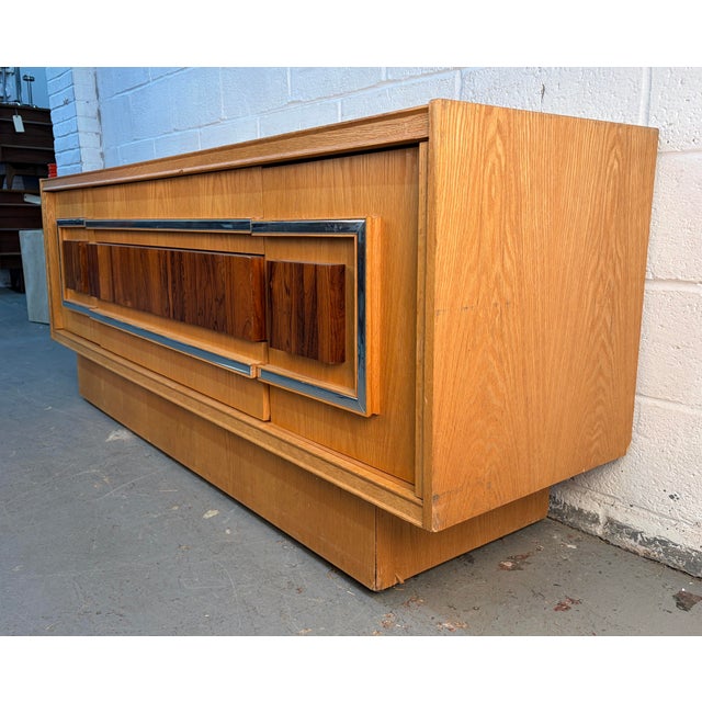 Brutalist Mid 20th Century Milo Baughman Style Brutalist Mid Century Oak and Chrome Lowboy Dresser For Sale - Image 3 of 14