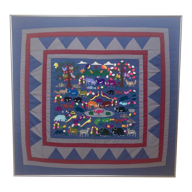 Vintage 1980s Framed Hmong Paj Ntaub Wildlife Story Cloth – Hand-Embroidered Textile Art For Sale