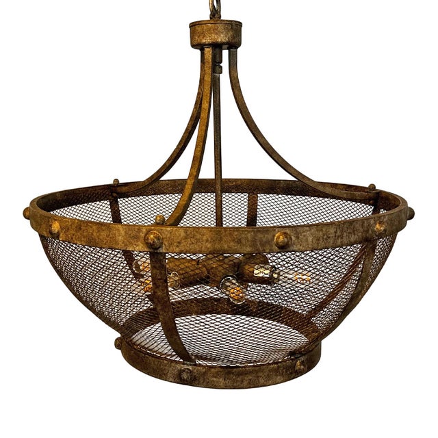 Industrial Spanish Aged Iron Mesh Bowl Chandelier For Sale In Los Angeles - Image 6 of 10
