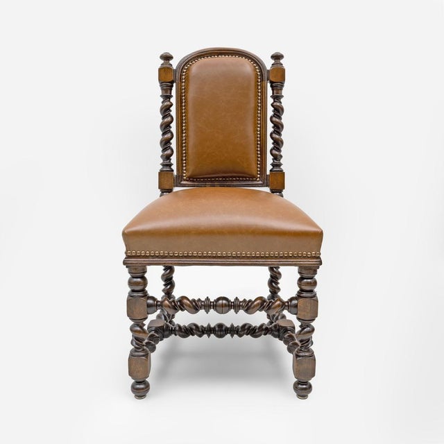 Antique Italian Neo-Renaissance Walnut and Leather Dining Chairs, 1890, Set of 6 For Sale - Image 6 of 14