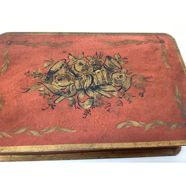 Late 19th Century Vintage Red and Gold French Toleware Hinged Metal Box For Sale - Image 5 of 6