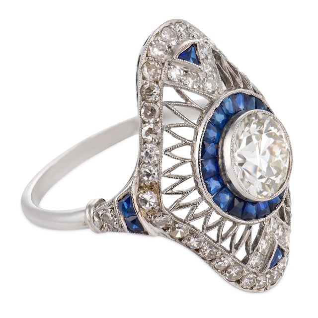 1920s Art Deco Style 1.35 Carat Old European Cut Diamond Sapphire Platinum Ring, Size 7.75 For Sale - Image 4 of 6