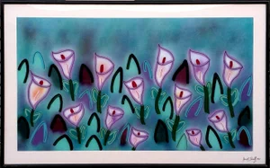 1990s Jack Shultz Modern Tulips Reverse Acrylic Painting on Plexi Glass