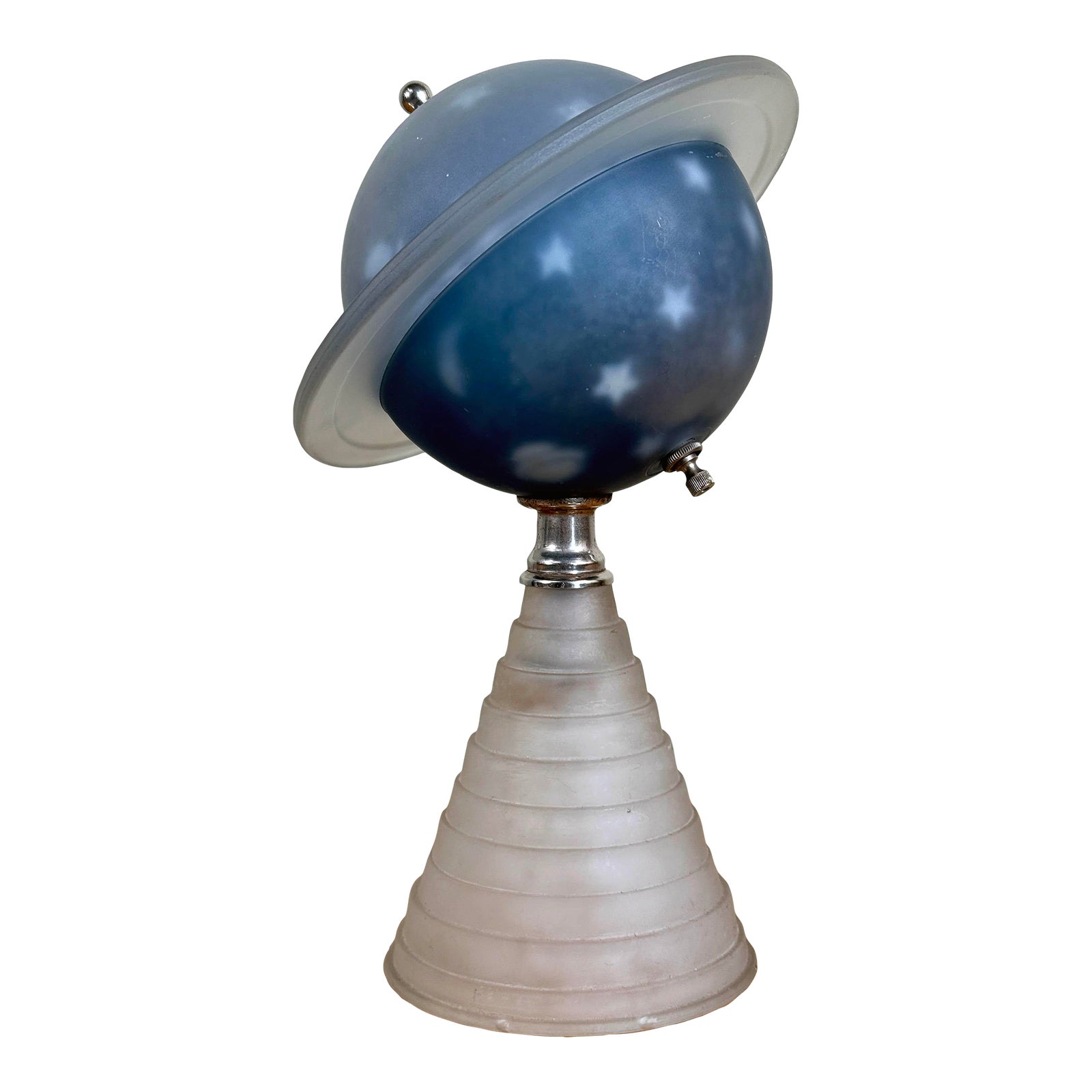 Vintage 1939 New York World’s Fair Saturn Lamp in Blue & Clear Frosted Glass
