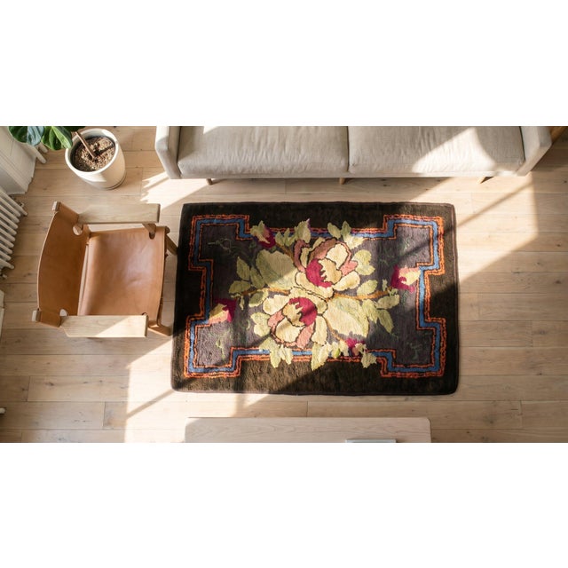Adorable Brown Background Color Peculiar Flower Geometric Design Antique American Hooked Rug For Sale - Image 12 of 12