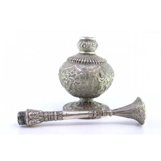 Metal Silver Holy Water Sprinkler with Relief of the Goddess Shiva and Applications For Sale - Image 7 of 8