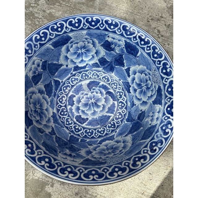 Blue Vintage Maitland Smith Blue and White Porcelain Bowl Chinoiserie Floral Large Decorative Singing Bowl For Sale - Image 8 of 12