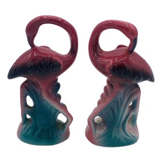 1980s Tropical Pink Flamingo Ceramic Tabletop Salt & Pepper Shaker Set by Five & Dime For Sale