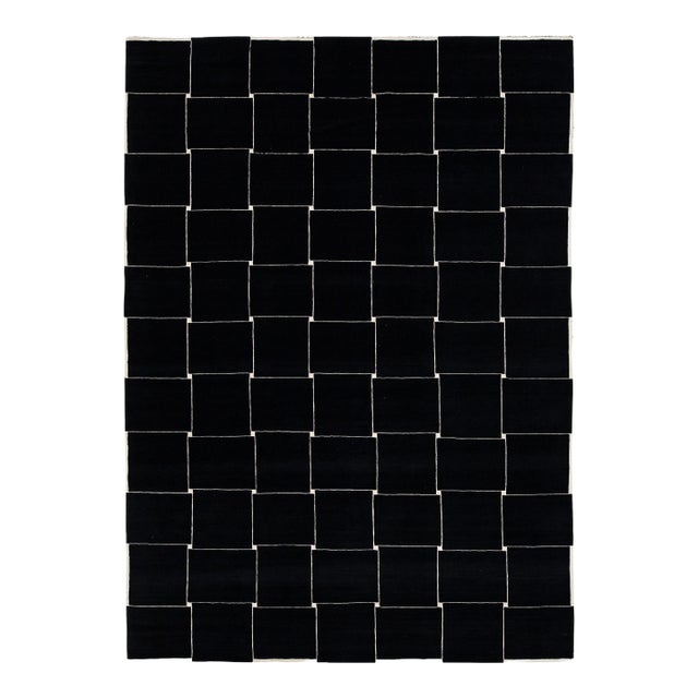 Modern Minimalist Black & Ivory Geometric Grid Wool Area Rug 10x14 For Sale