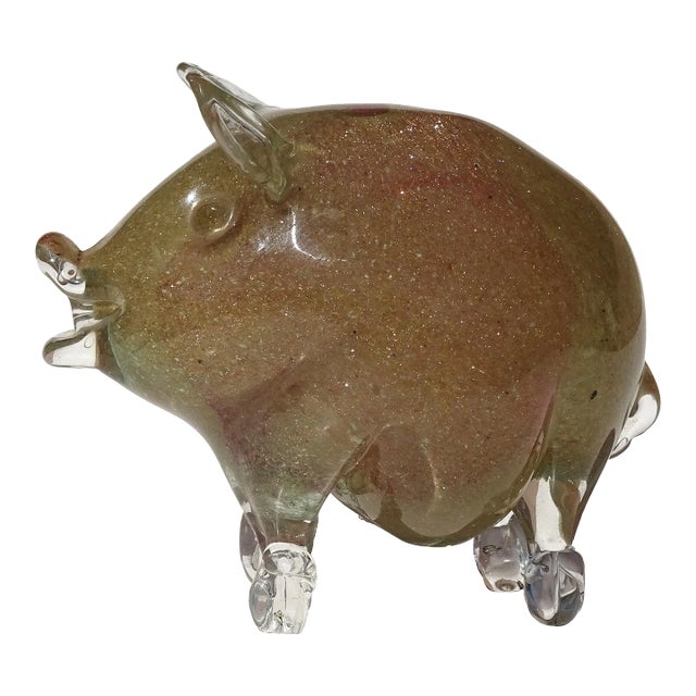 Vintage Murano Sommerso Copper Aventurine Flecks Pink Core Italian Art Glass Pig Figurine Sculpture For Sale
