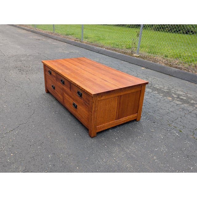Tiger Oak Mission Style Coffee Table With Cedar Lined Drawers For Sale - Image 12 of 17