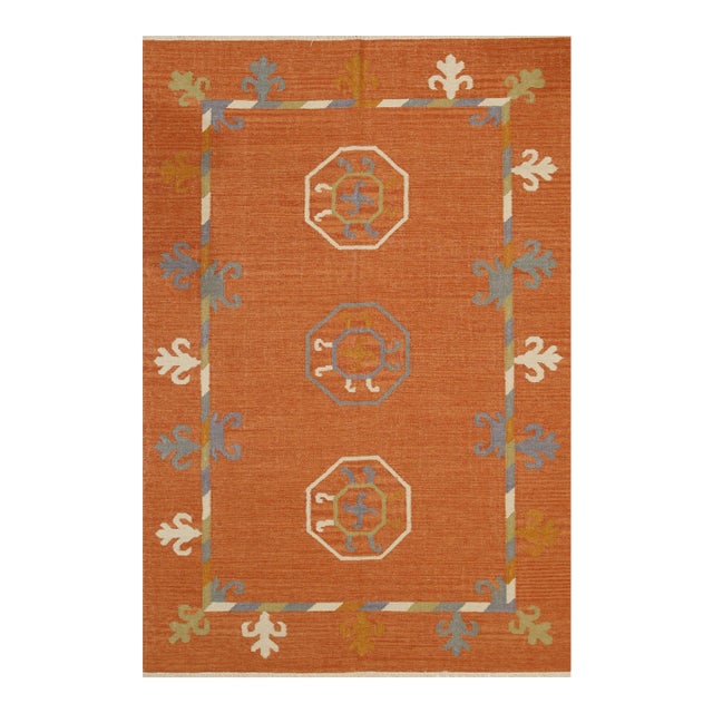 6x9 Maya Kilim Coral Traditional Geometric Flatweave Wool Carpet Rug For Sale