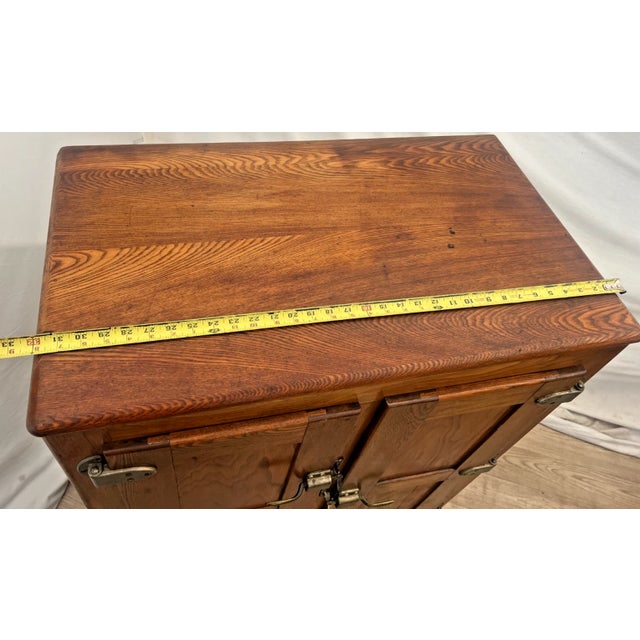 Wood Antique Ice Box Three Storage Cabinets, Oak, Brass Latches Three Racks 32" Wide For Sale - Image 7 of 9