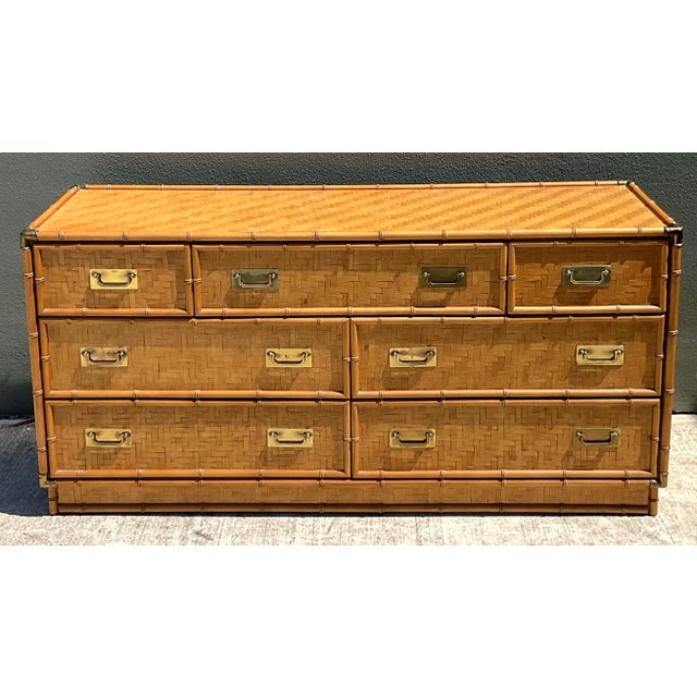 Chocolate Vintage Dixie Parquet Rattan Six-Drawer Dresser For Sale - Image 8 of 12