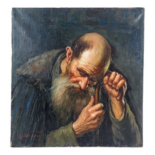 Alfonso Grassi, An Old Man on a Stick, 1960s, Oil Painting on Canvas For Sale