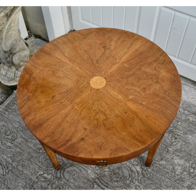 Mid-Century Modern Vintage Baker - Millings Road Round Inlaid Burl & Fruitwood Mid Century Table For Sale - Image 3 of 12