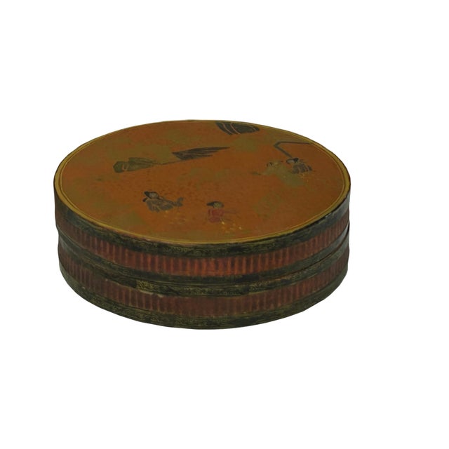 A vintage Chinese round lidded box, finely crafted with rich warm tones and detailed painted motifs. The cover depicts a...