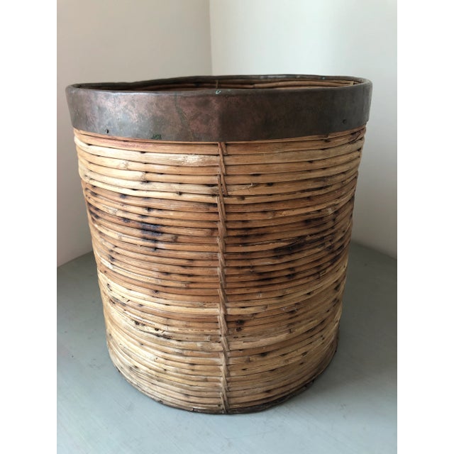 Vintage Italian Rattan Basket With Copper Rim For Sale - Image 11 of 13