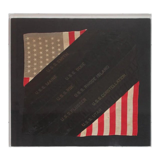 Framed Hand Sewn Patriotic Sham Made From a Flag and Ship Ribbons For Sale