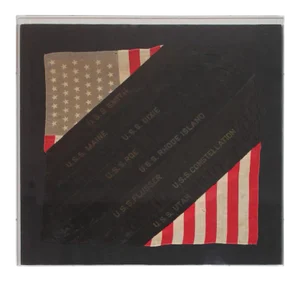 Framed Hand Sewn Patriotic Sham Made From a Flag and Ship Ribbons