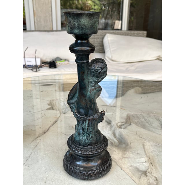 Vintage French Style Patinated Brass and Bronze Figural Cherub Putti Candlesticks - A Pair For Sale In Denver - Image 6 of 13