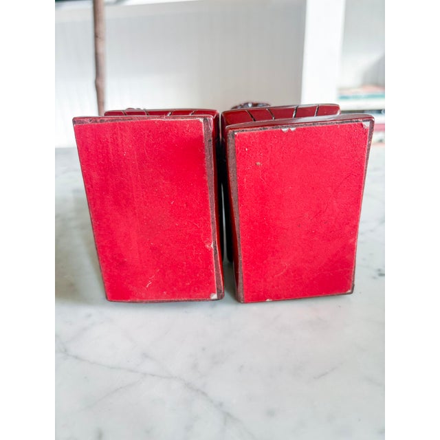 Red Guardian Resin Foo Dog Pair | Red Chinoiserie Bookends | Asian Home Decor For Sale - Image 8 of 8