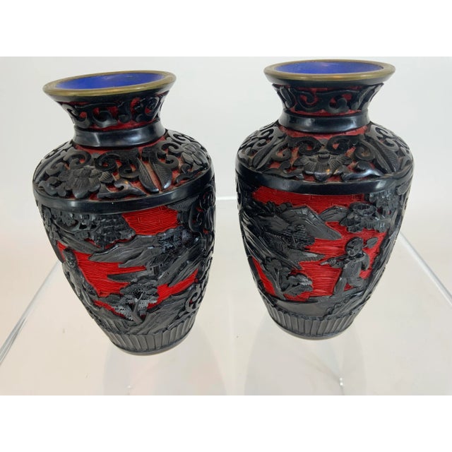 Early 20th Century Pair of Miniature Black and Red Cinnabar Vases For Sale - Image 5 of 11
