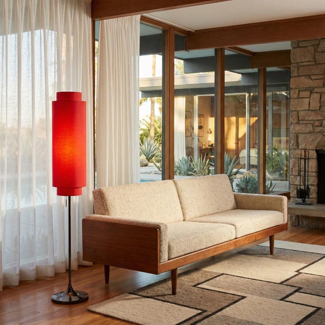 Mid-Century Modern Lollipop Floor Lamp - Black Nickel, Crimson Red Linen Double Shade, on/Off Pull Chain For Sale - Image 3 of 16