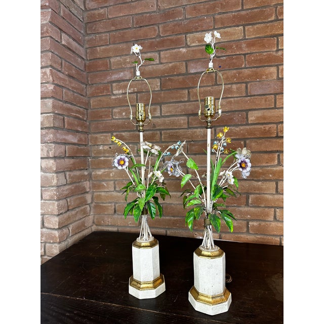 Pair of 1960s Italian Tole Floral Boutique Lamps For Sale In Austin - Image 6 of 12
